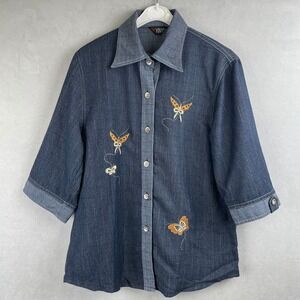 Xinyi Womens Dark Wash Denim Butterfly Embroidered Y2K Fairy 3/4 Sleeve Shirt L
